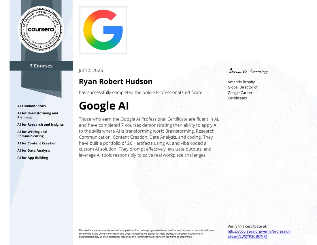 Google AI Professional Certificate — Ryan Robert Hudson